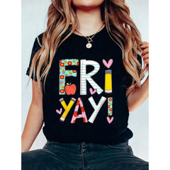 Fri-Yay! Women's Fun Friday Teacher T-Shirt – Colorful Letter Print with Floral & Elements, Summer 100%Cotton T-shirt  Teacher Gift