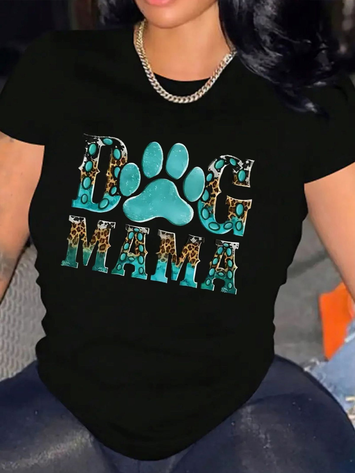 Women's Dog Mama Graphic T‑Shirt, Leopard Turquoise Dog Paw Print Short Sleeve Crew Neck Casual Tee
