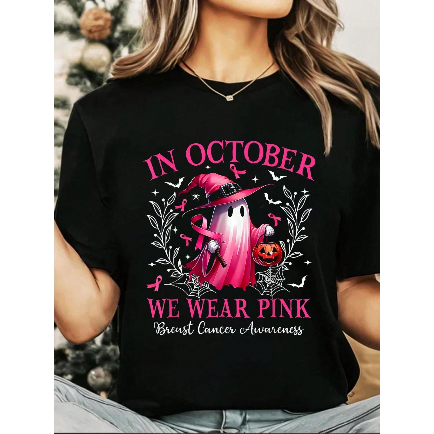 In October We Wear Pink Ghost Witch Breast Cancer Awareness Unisex T-Shirt Graphic Tee All Season Casual Wear 100% Cotton Soft And Comfortable