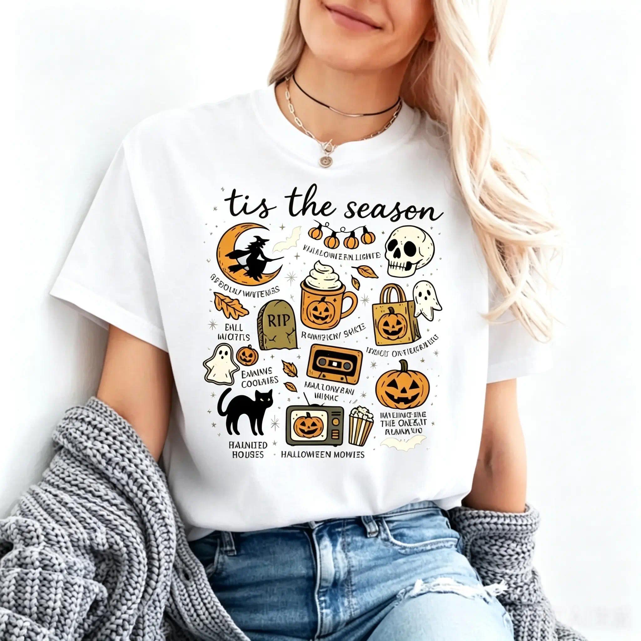 Women's Short Sleeve Casual Round Neck Streetwear Halloween Graphic Tee - Cute Coquette Fall Retro Pumpkin Spice Spooky Witch Ghost Trick Or Treat, Relaxed Fit, Garment Dyed Low Impact Dye, Sport & Outdoor Sports Top, shortsleeve