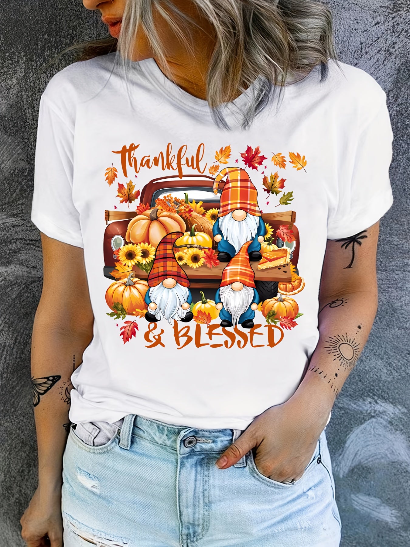 Thanksgiving Gift, Autumn Gnome, Pumpkin Maple Leaf Sunflower, Autumn Harvest Print T-Shirt