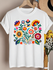 Women's Mexican Folk Art Floral Graphic T‑Shirt, Vibrant Fiesta Flower Embroidery‑Style Print Crew Neck Short Sleeve Casual Summer Tee