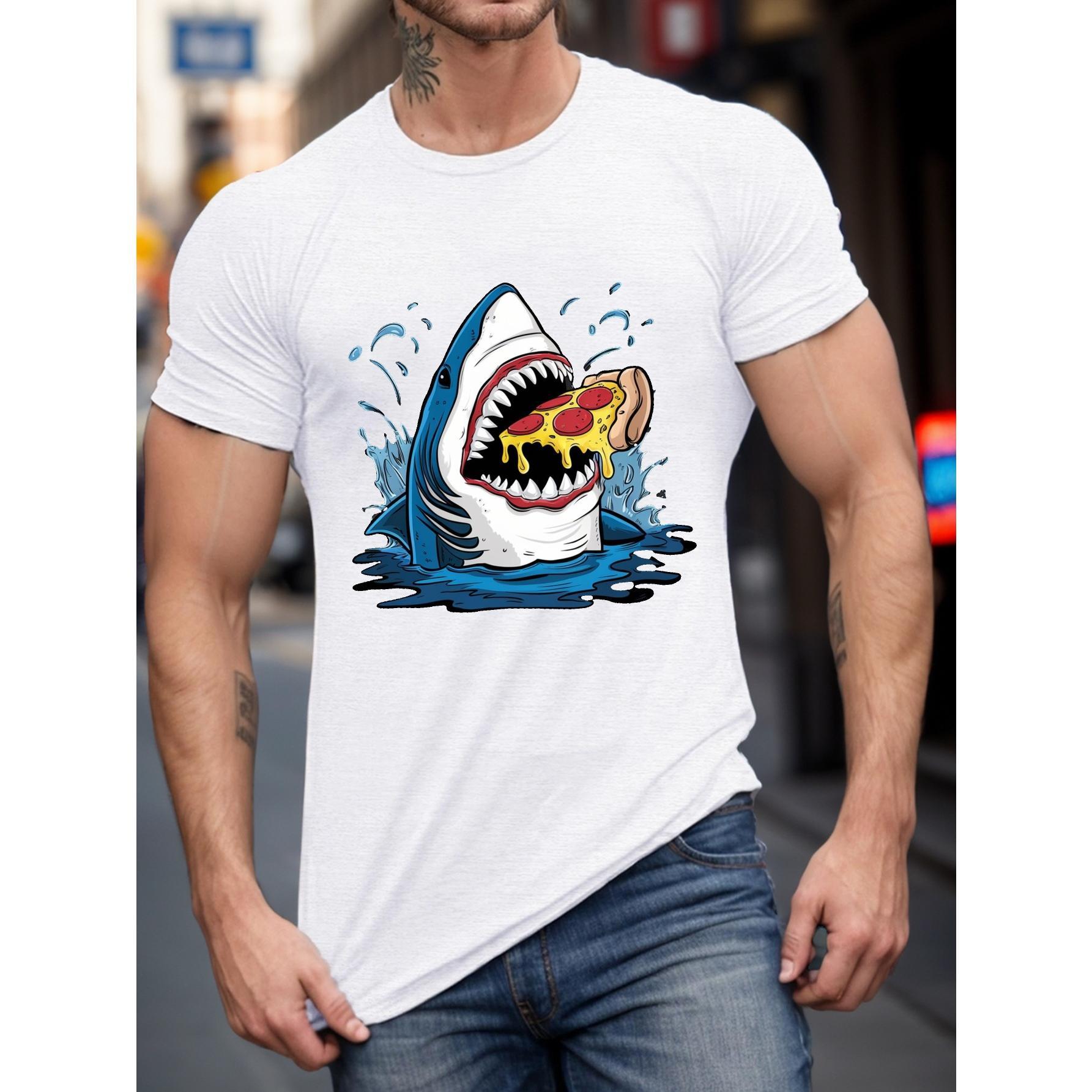 Men's TShirt - Casual Short Sleeve Tee, Shark with Pizza Graphic
