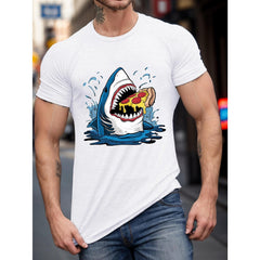 Men's TShirt - Casual Short Sleeve Tee, Shark with Pizza Graphic