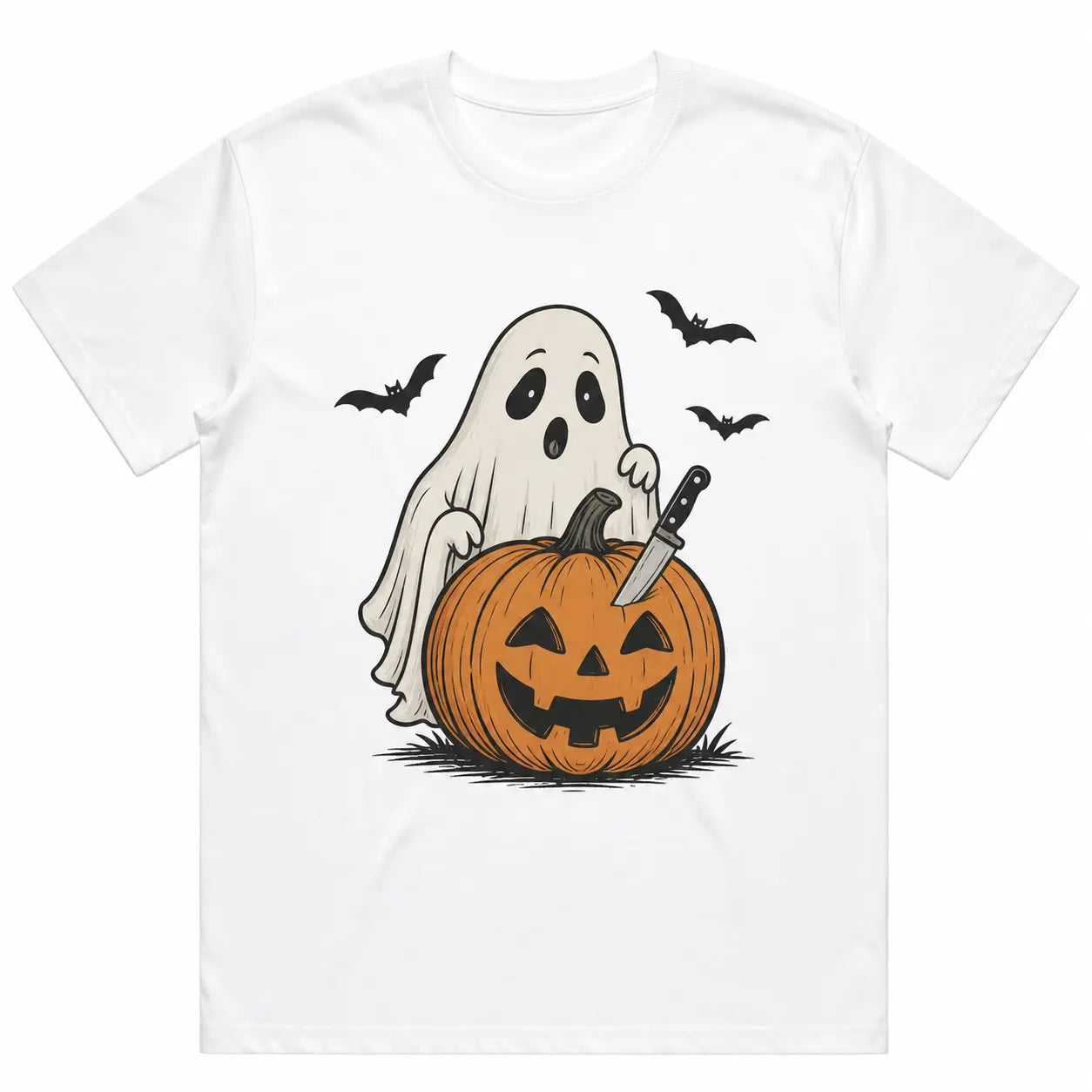 Halloween Ghost Pumpkin Bat Graphic Crew Neck Cotton T‑shirt