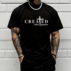 Men’s "Created with a Purpose" Christian graphic T-shirt, cross faith quote print tee, casual crew neck, perfect for church outfits, faith wear, and streetwear.,summerwins,father'sdaygifts