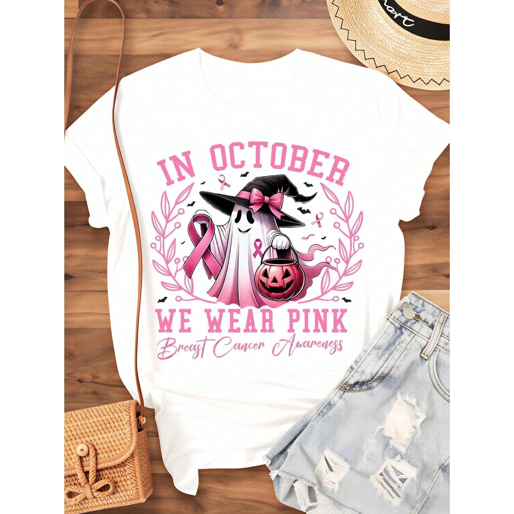 In October We Wear Pink Breast Cancer Awareness Halloween Ghost Witch Shirt Women Funny Autumn Festival Graphic Tee Top