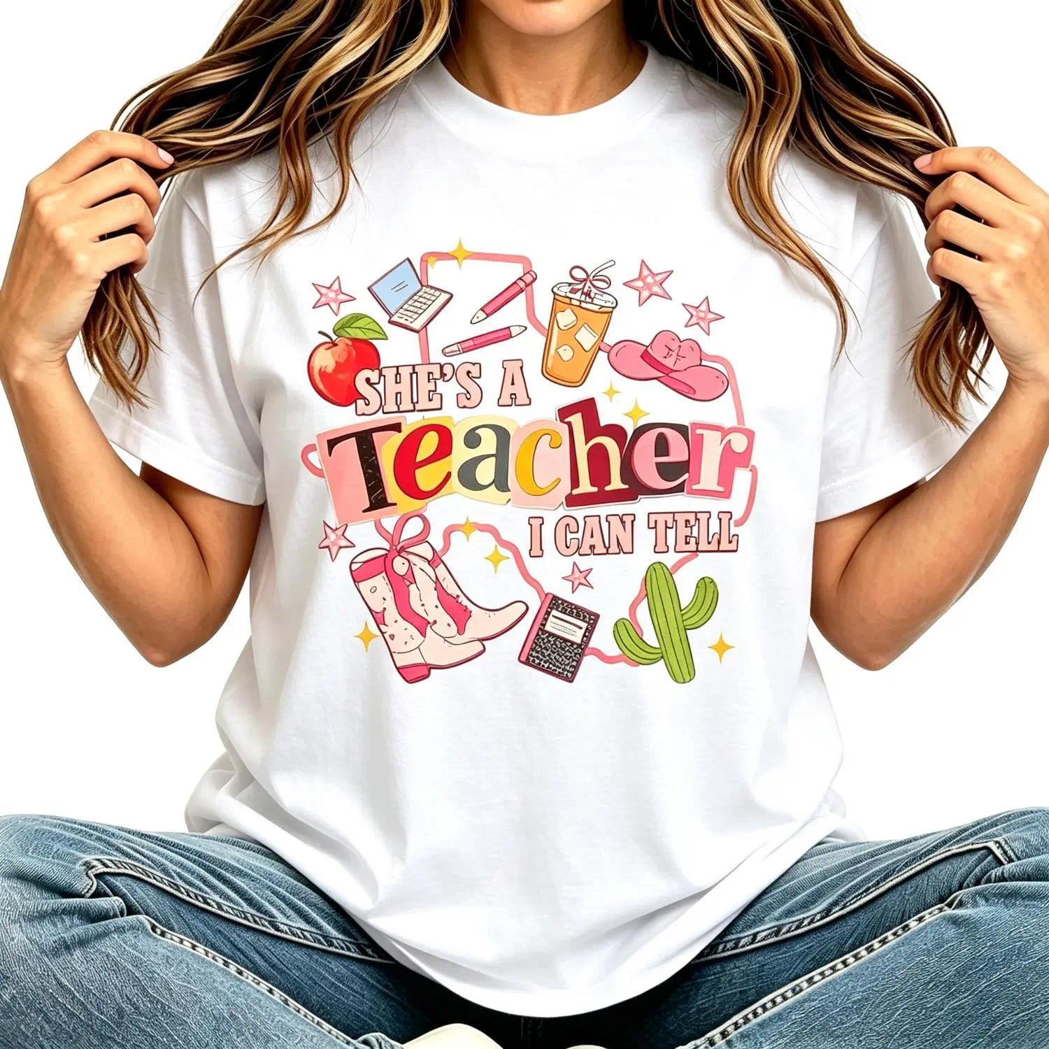 She’s A Teacher I Can Tell Western Classroom Art Tee T-Shirt Short Sleeve for Back To School Teacher Gift Women Casual