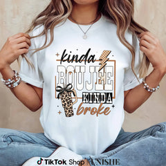 Kinda Boujee Kinda Broke Women Graphic Tee Leopard Print Western Cowgirl Casual Short Sleeve T-Shirt