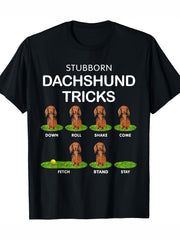 Stubborn Dachshund Tricks Funny Dog Training Graphic Tee for Men Women, Cute Wiener Dog Short Sleeve T-Shirt, Casual Crew Neck Top for Dachshund Lover Gift