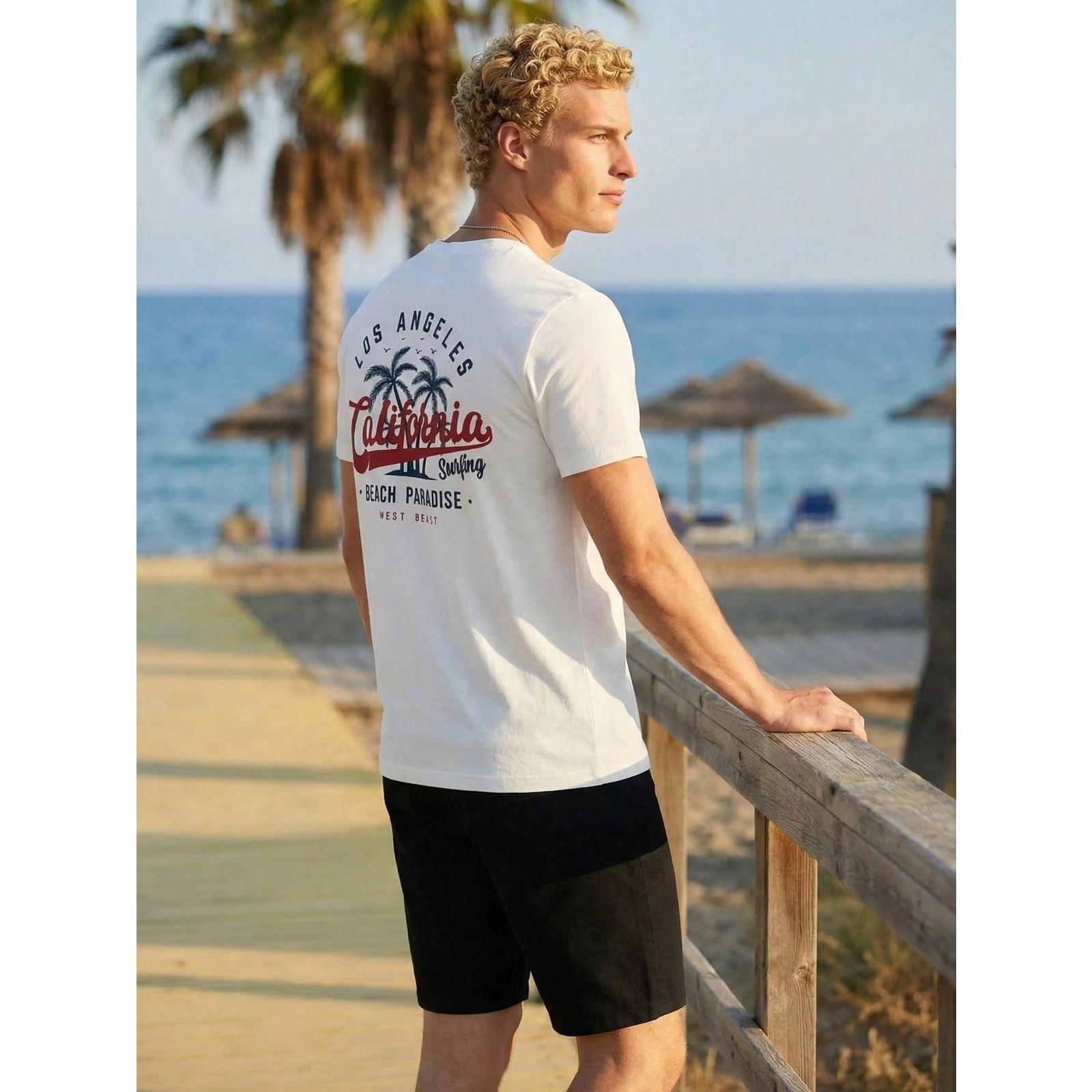 Men Los Angeles California Surfing Graphic T‑Shirt, Front Back Print West Coast Beach Paradise Casual Crew Neck Short Sleeve Tee For Summer Daily