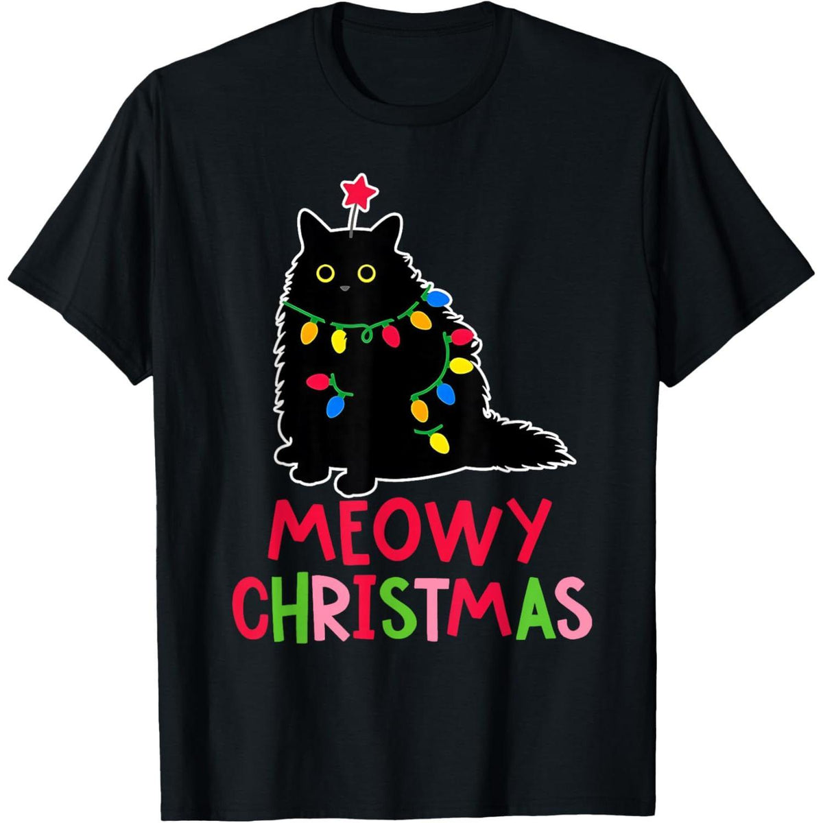 Meowy Christmas Xmas Lights Black Cat Pajamas Family Funny T-Shirt