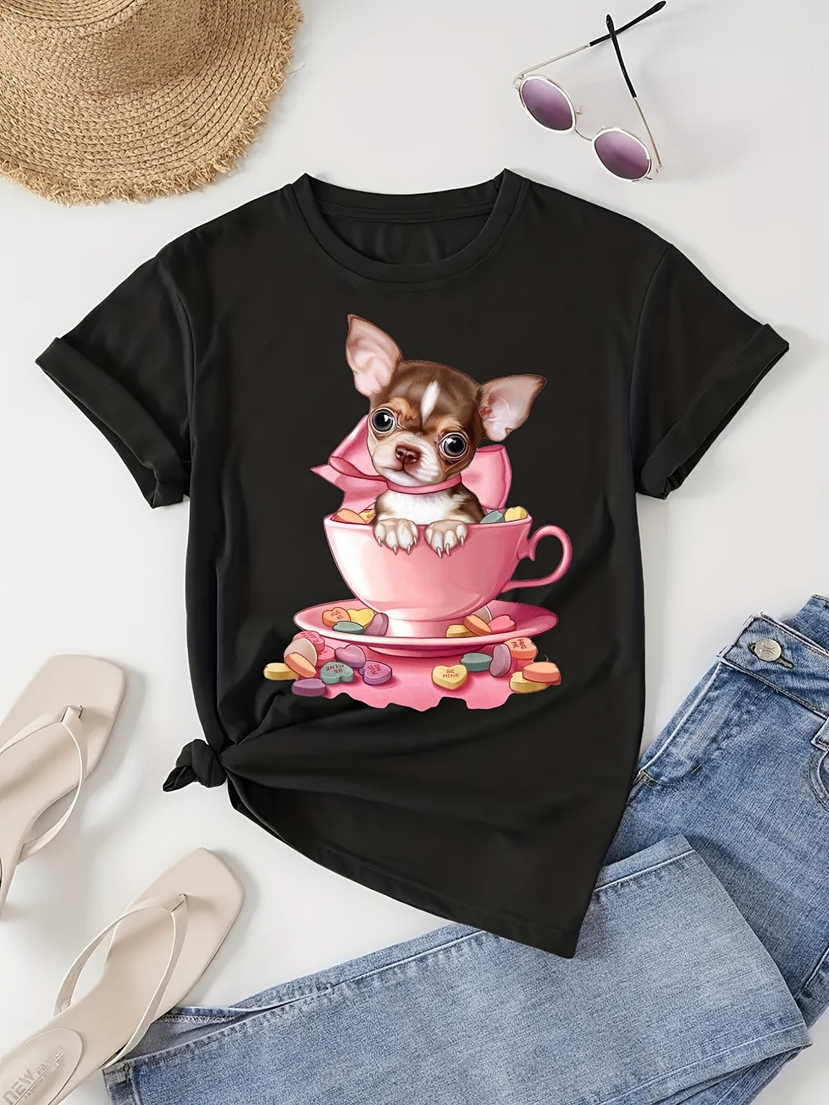 Fashion Short Sleeve T-Shirt for Women, Round Neck Cute Dog Print Short Sleeve T-Shirt