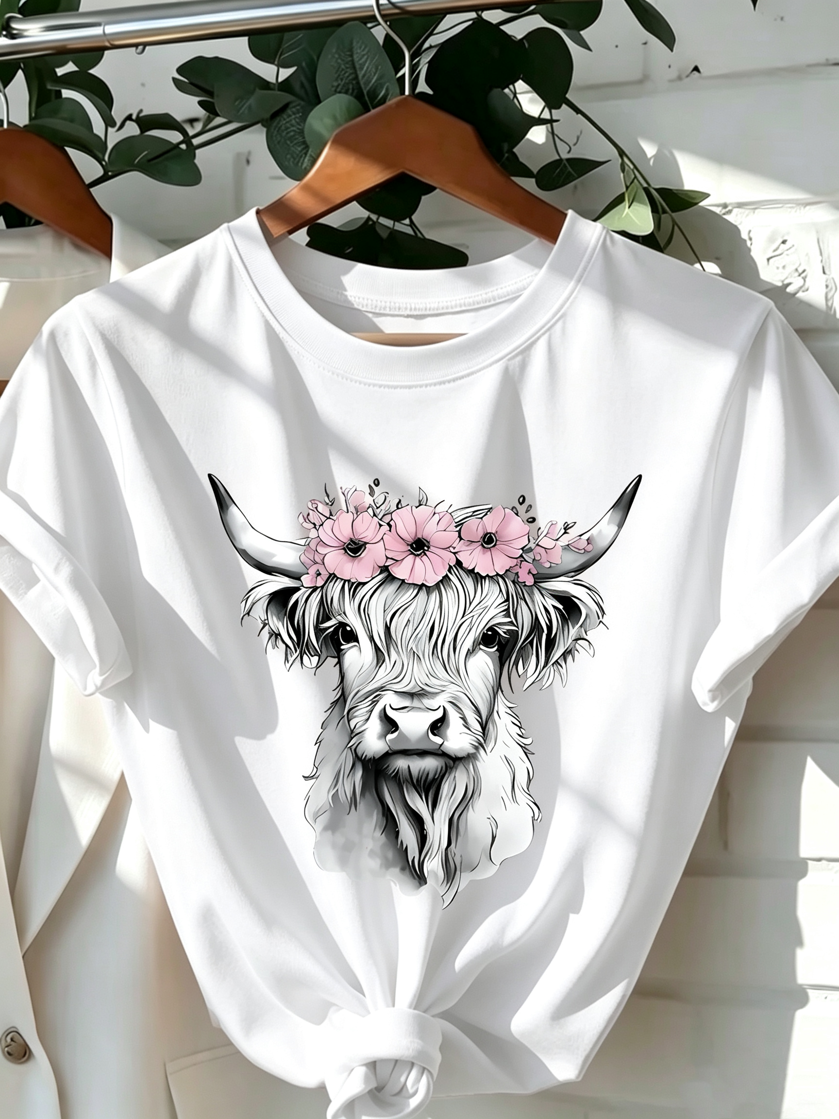 Women's Cow T-Shirt with Floral Crown Graphic - Cotton Casual Round Neck Short Sleeve Top, Cute Cow Shirt, Comfortable Clothing