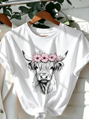 Women's Cow T-Shirt with Floral Crown Graphic - Cotton Casual Round Neck Short Sleeve Top, Cute Cow Shirt, Comfortable Clothing