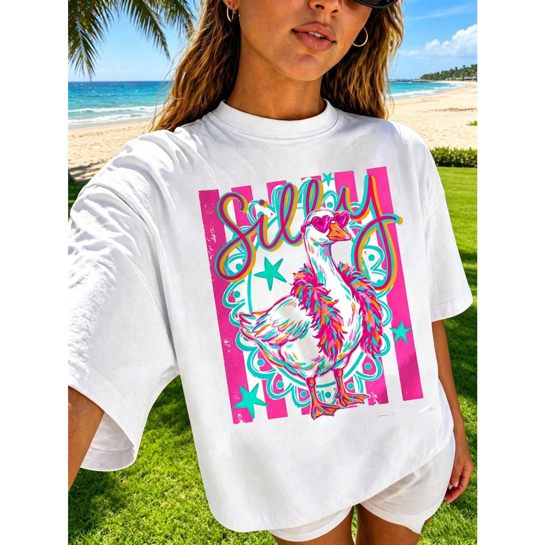 Women's Graphic T-Shirt Funny Goose Letter Print Summer Top Cute Aesthetic Tee Casual Loose Short Sleeve Streetwear Going Out Tops New