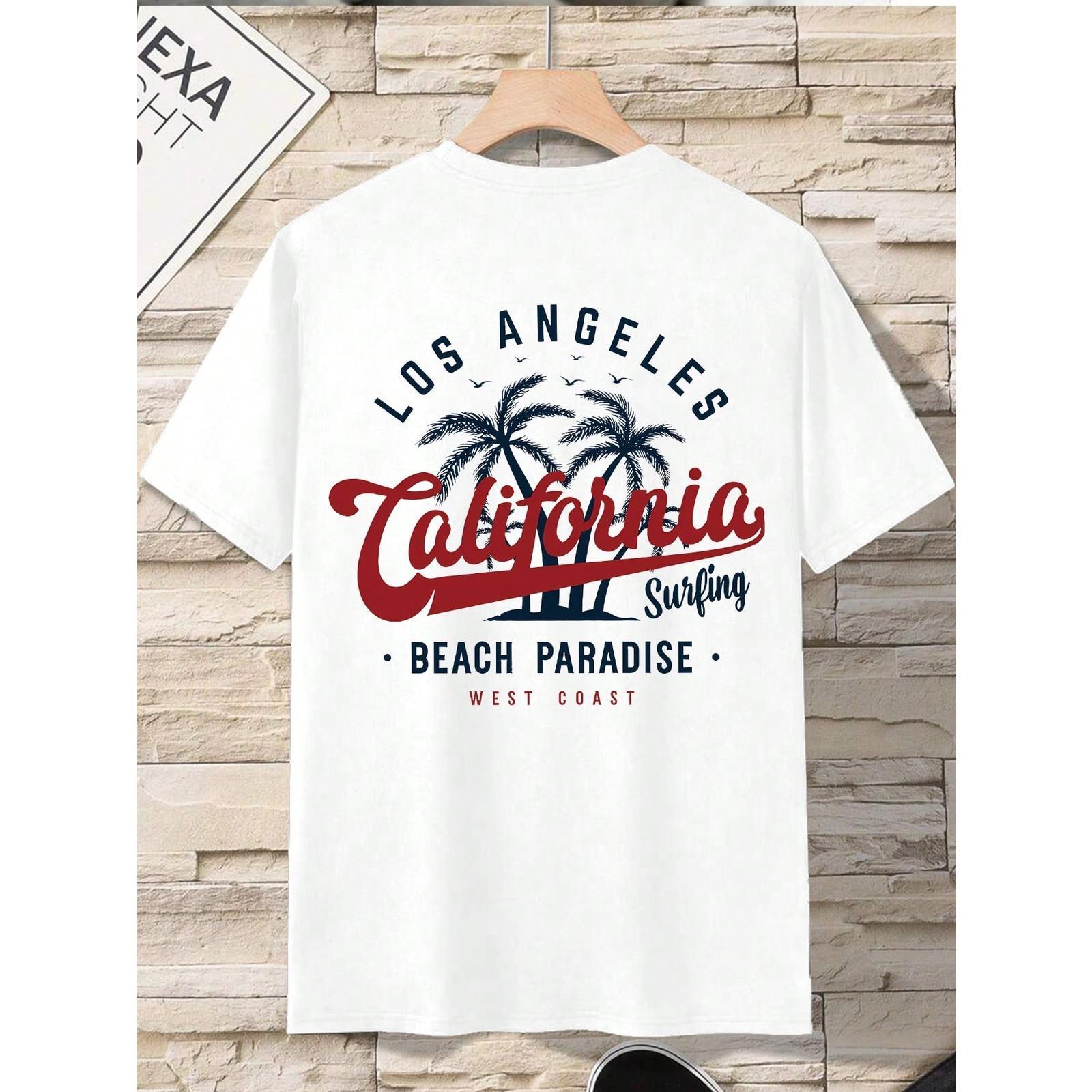 Men Los Angeles California Surfing Graphic T‑Shirt, Front Back Print West Coast Beach Paradise Casual Crew Neck Short Sleeve Tee For Summer Daily