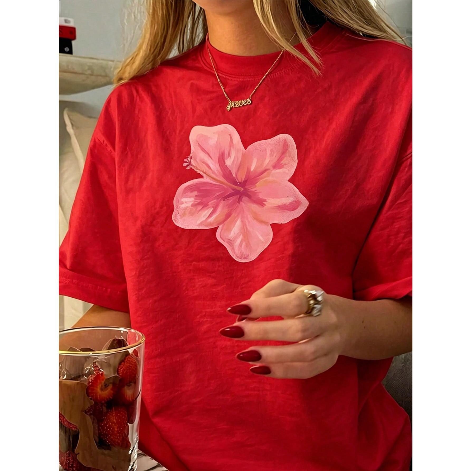 Women's Retro Floral Print Short Sleeve Round Neck T-Shirt Soft Pink Hawaiian Cut Lightweight Breathable Beach, Office, Daily