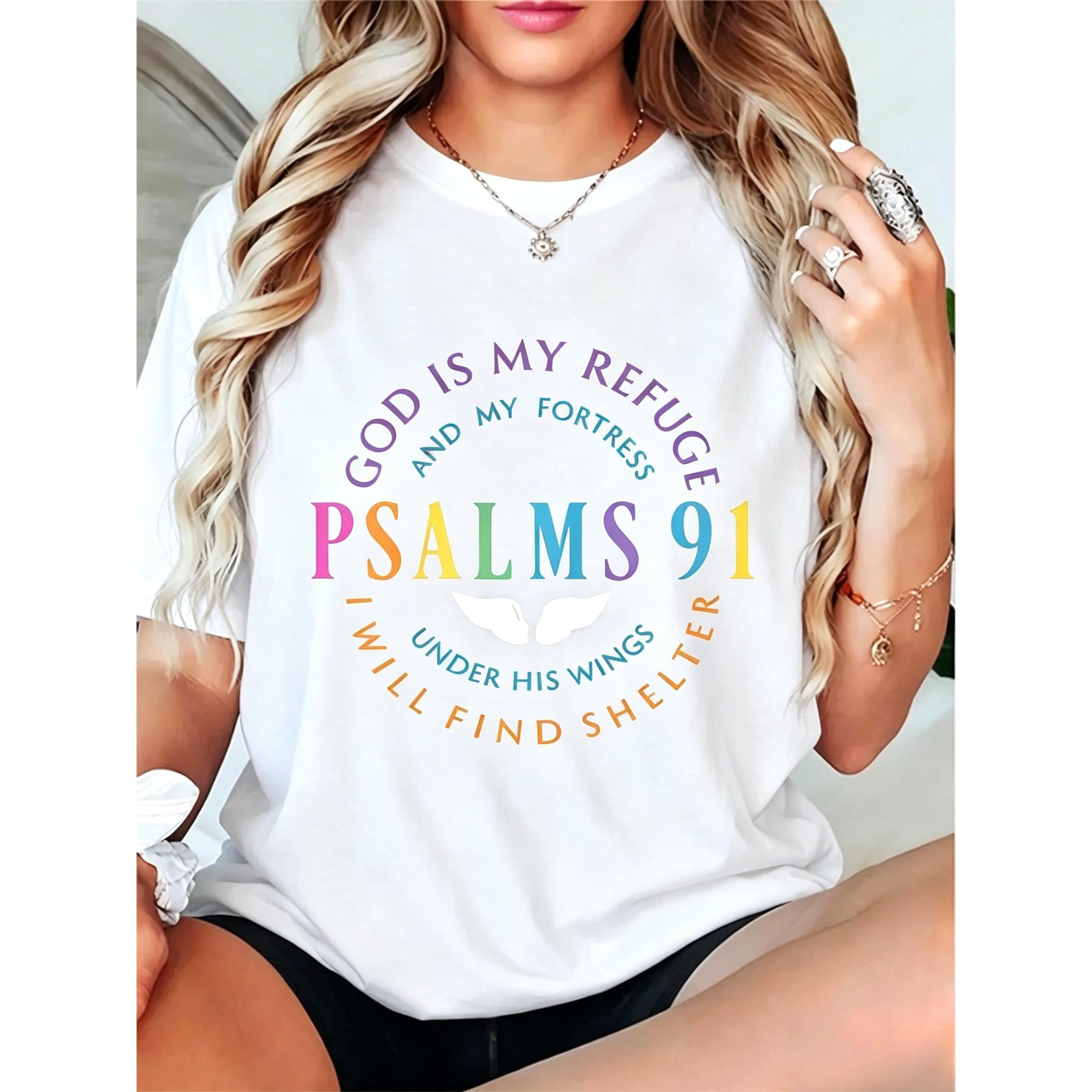 Women's Black T-Shirt With Colorful Religious Psalm 91 Text & White Wings Graphic, Christian Faith Casual Tee For Church, Daily Wear