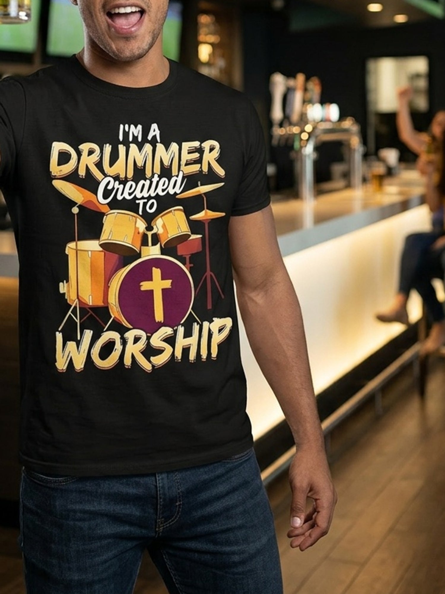 I'm A Drummer Created To Worship Faith Music Graphic Tee for Men Women, Christian Drum Set Short Sleeve T-Shirt, Casual Crew Neck Top for Musician Gift