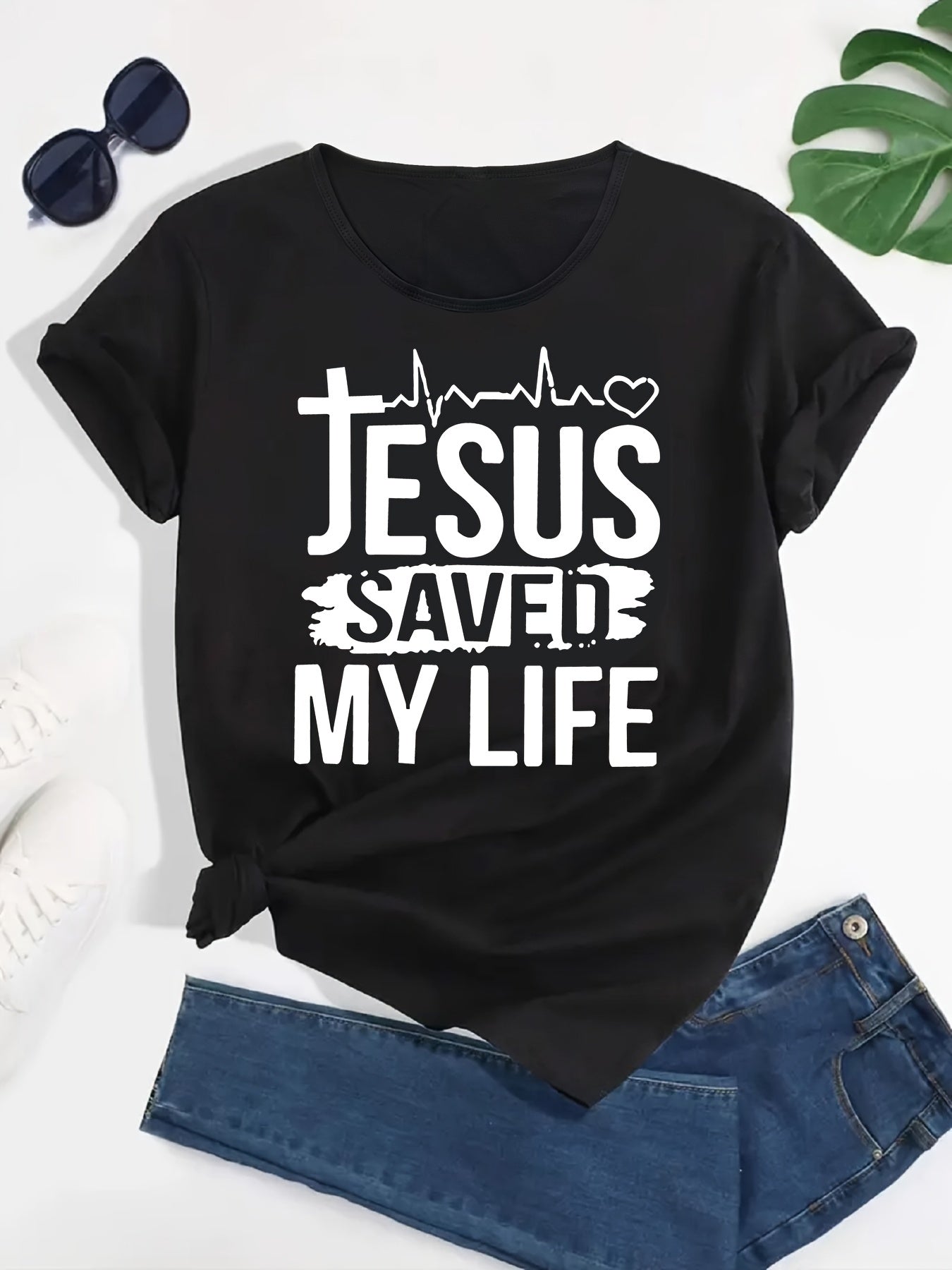 Oversized Breathable Summer T-Shirt Suitable for Hot Weather - Jesus Saved My Life Graphic T‑Shirt, Faith Christian Cross Heartbeat Short Sleeve Casual Crew Neck Tee