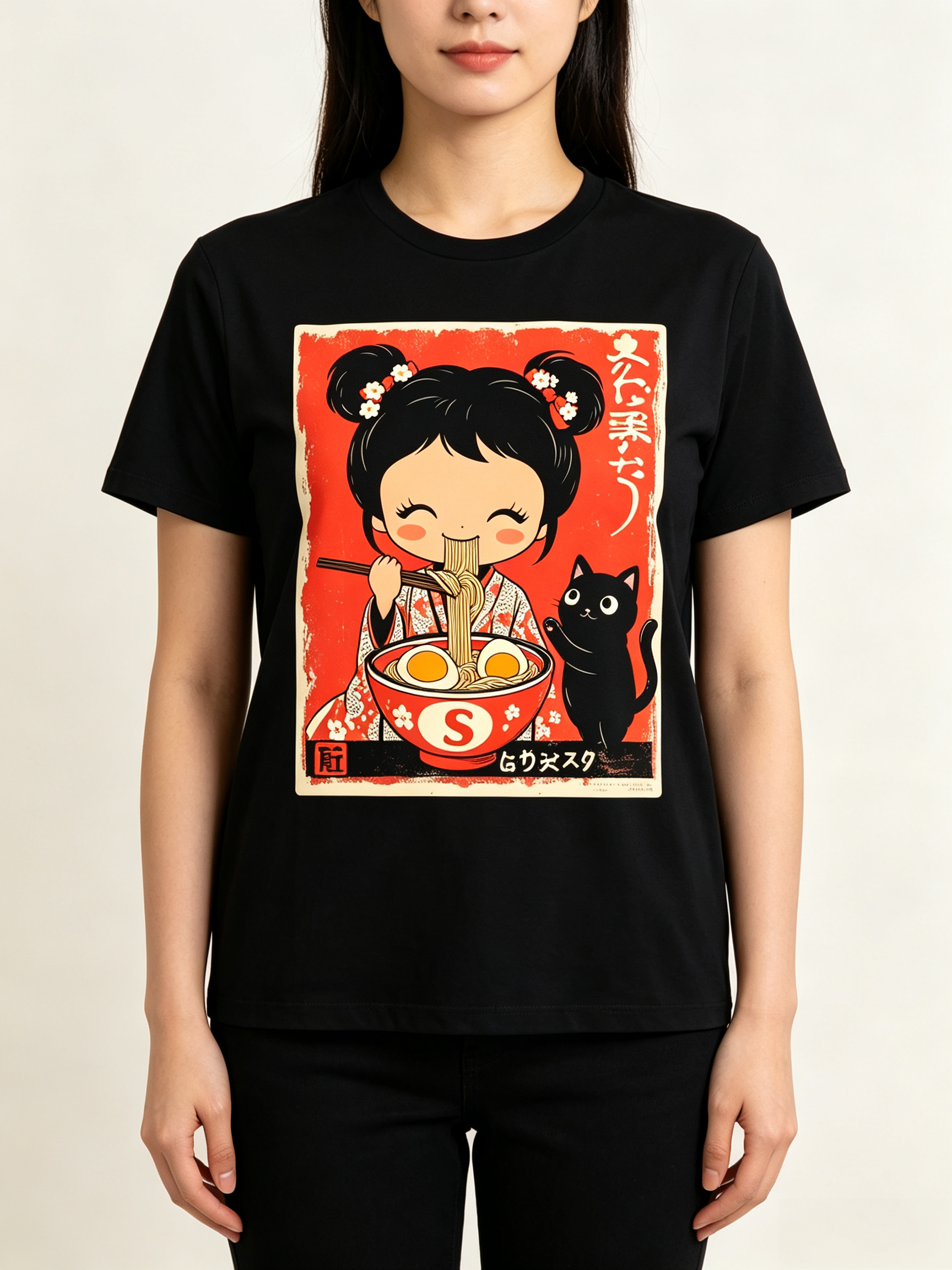 Japanese Kawaii Chibi Girl Black Kitten Anime TShirt Sm Heavyweight Pure Retro Unisex Tee with Cute Ramen Bowl Japanese Text Design Round Neck Short Sleeve Casual Shirt for Men