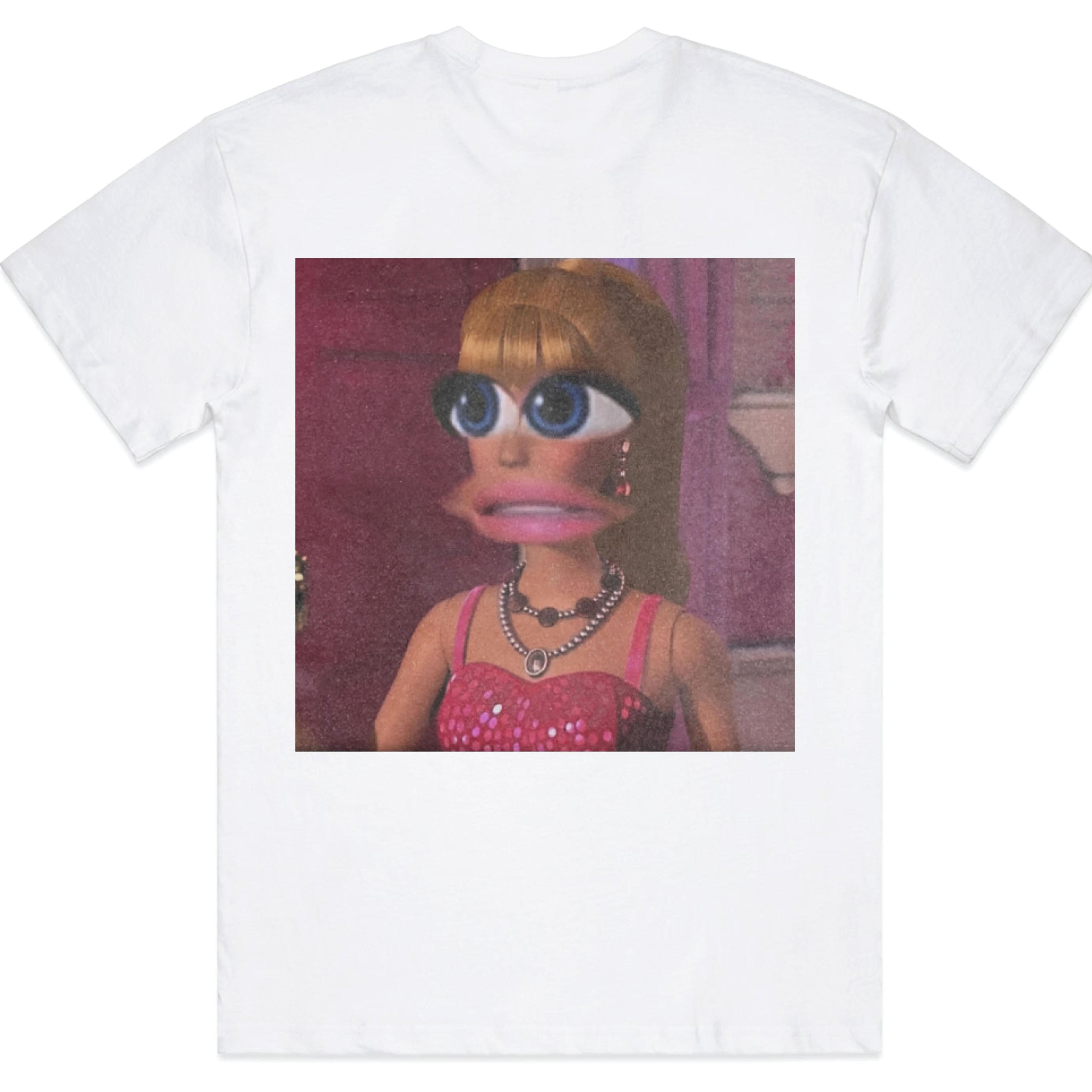 Quirky Doll face meme Print T-Shirt - Retro American Street Style Graphic Tee, Unisex Summer Casual Top