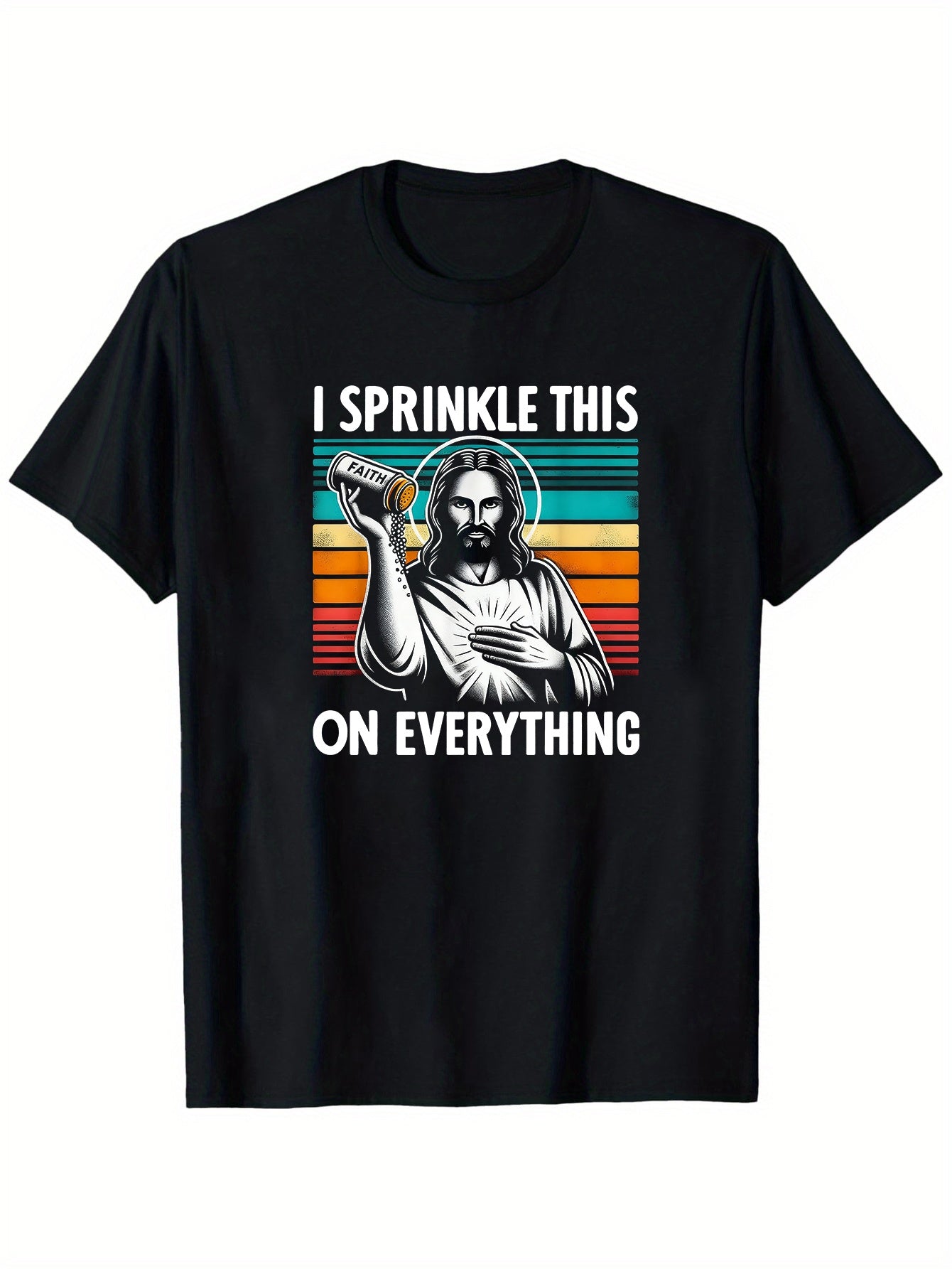 Men's Christian Graphic T-Shirt - Funny Religious Saying "I Sprinkle This On Everything" - Black Tee with Jesus, Retro Jesus Christ Design - Shirt for Church, Casual Outfits, Everyday Faith