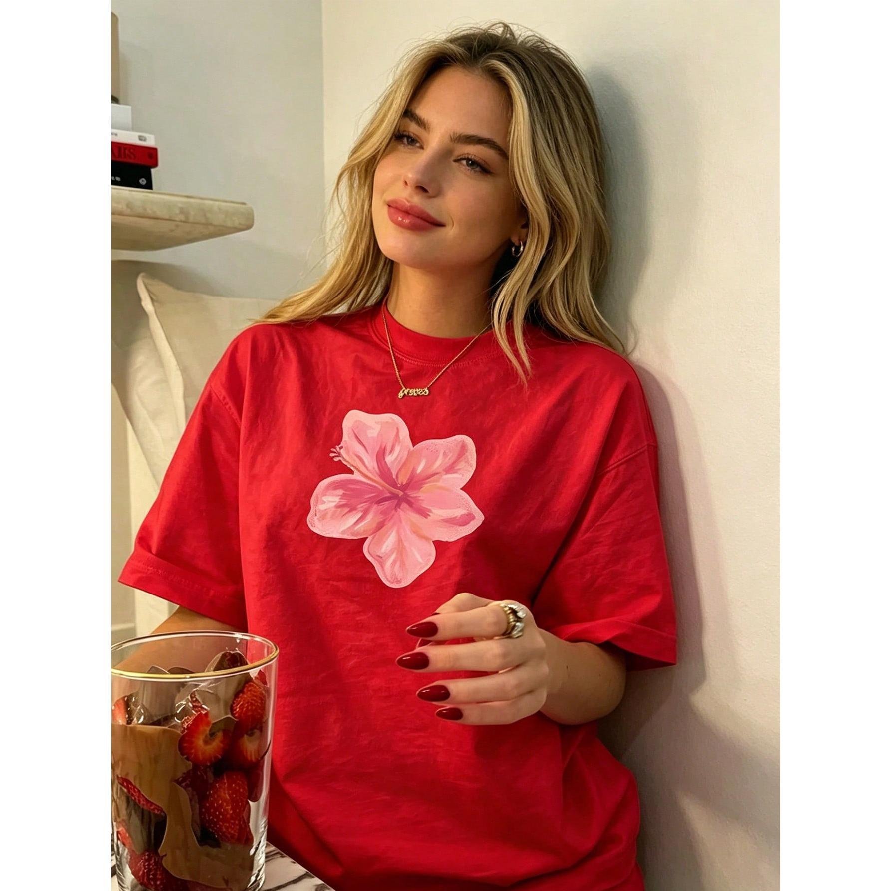 Women's Retro Floral Print Short Sleeve Round Neck T-Shirt Soft Pink Hawaiian Cut Lightweight Breathable Beach, Office, Daily