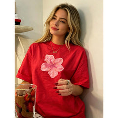 Women's Retro Floral Print Short Sleeve Round Neck T-Shirt Soft Pink Hawaiian Cut Lightweight Breathable Beach, Office, Daily