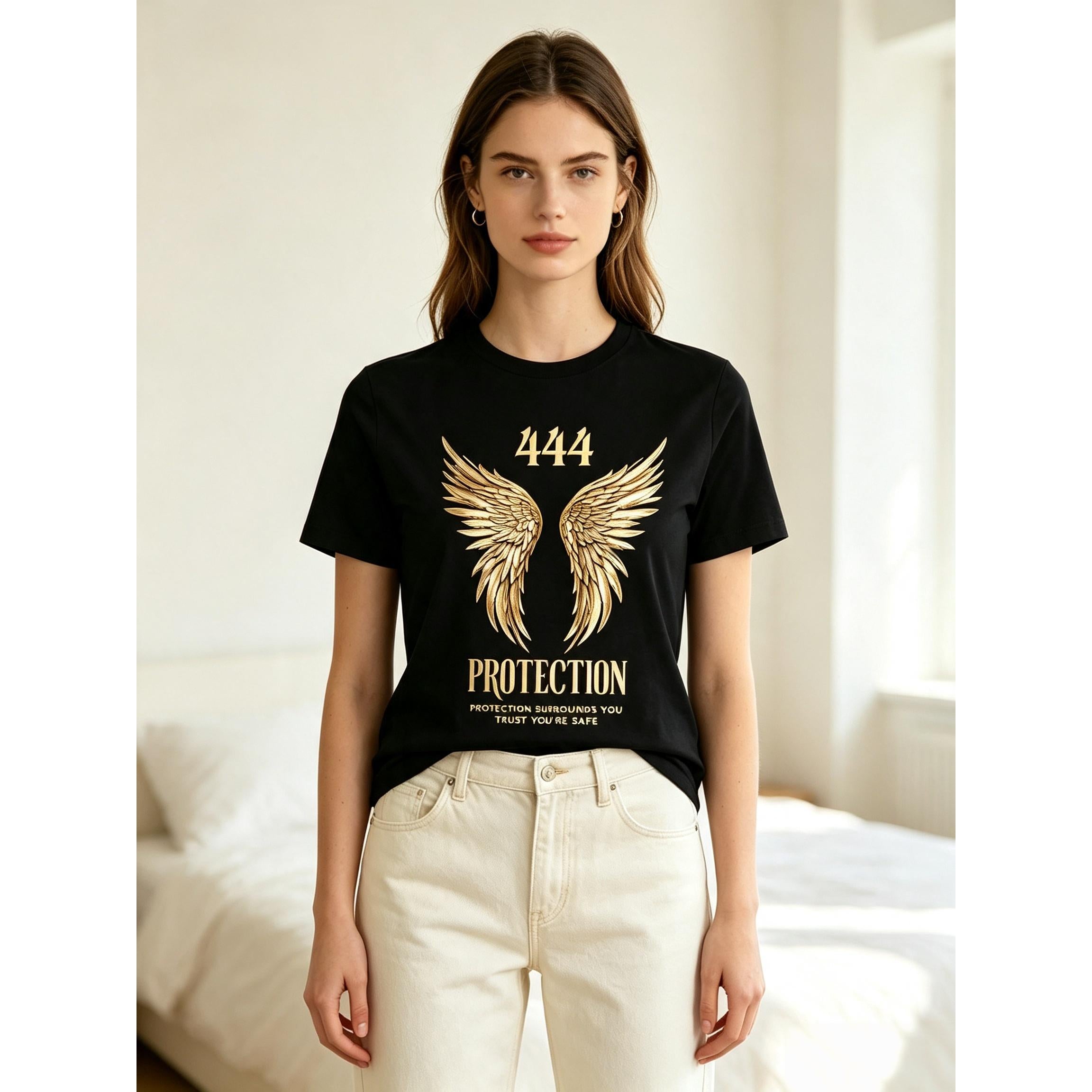 Women’s Angel Number 444 Golden Angel Wings Graphic Crew Neck T-Shirt Vintage Spiritual Casual Summer Short Sleeve Top