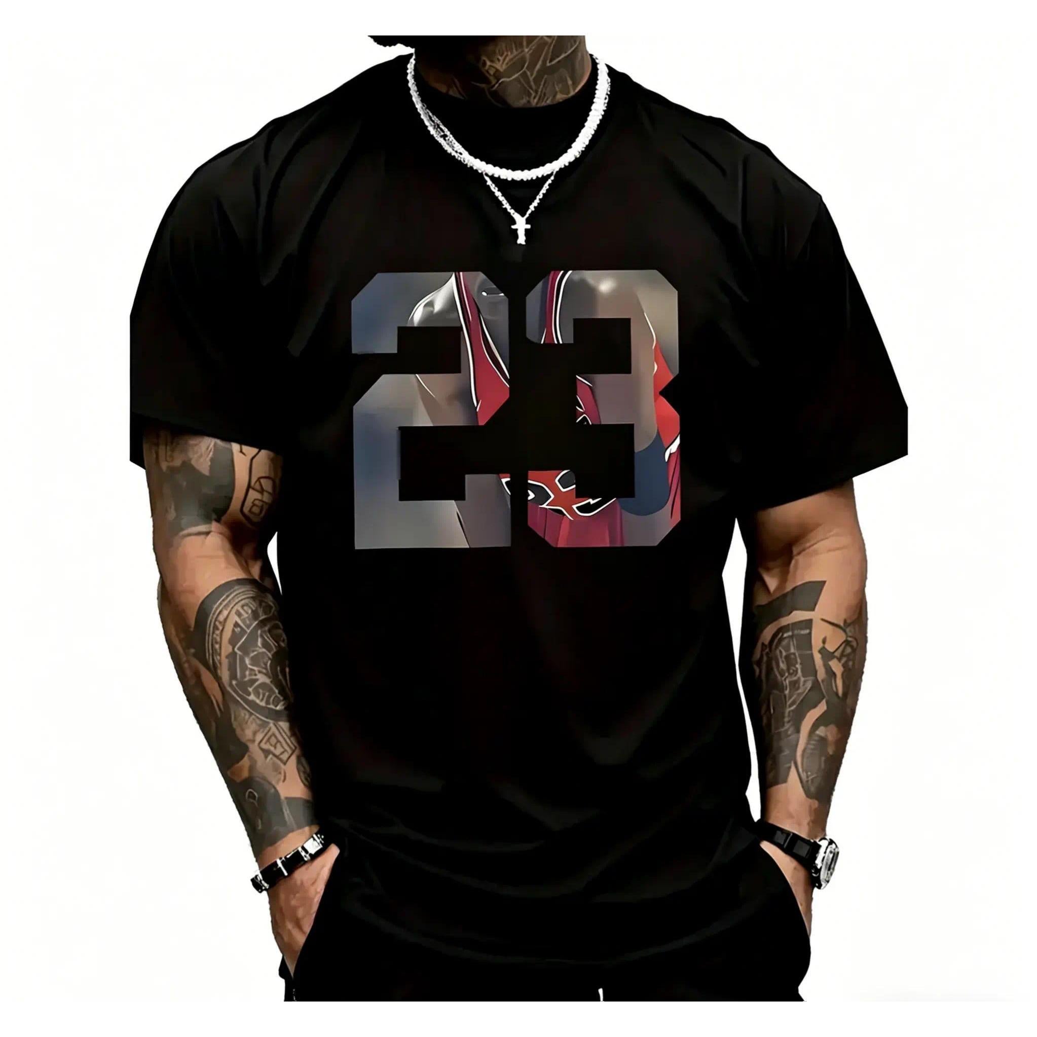 Men'S 23 Graphic Printed T-Shirt, Casual Short-Sleeved Round Neck T-Shirt, Cotton, Round Neck, Casual And Fashionable, Trendy And Versatile, Comfortable And Breathable, Machine Washable, Suitable For All Seasons