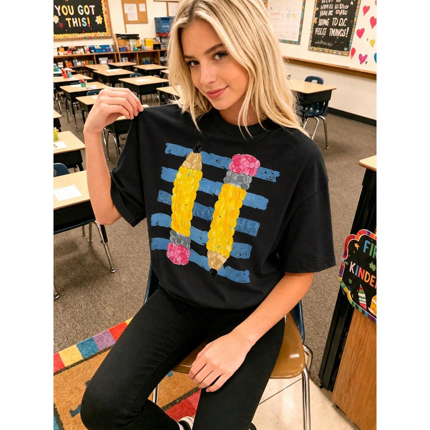 Retro Pencil Graphic Teacher Shirt Cute Alphabet Print Classroom Top Casual Breathable Cotton Tee For Educators Back To School