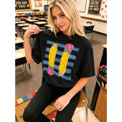 Retro Pencil Graphic Teacher Shirt Cute Alphabet Print Classroom Top Casual Breathable Cotton Tee For Educators Back To School