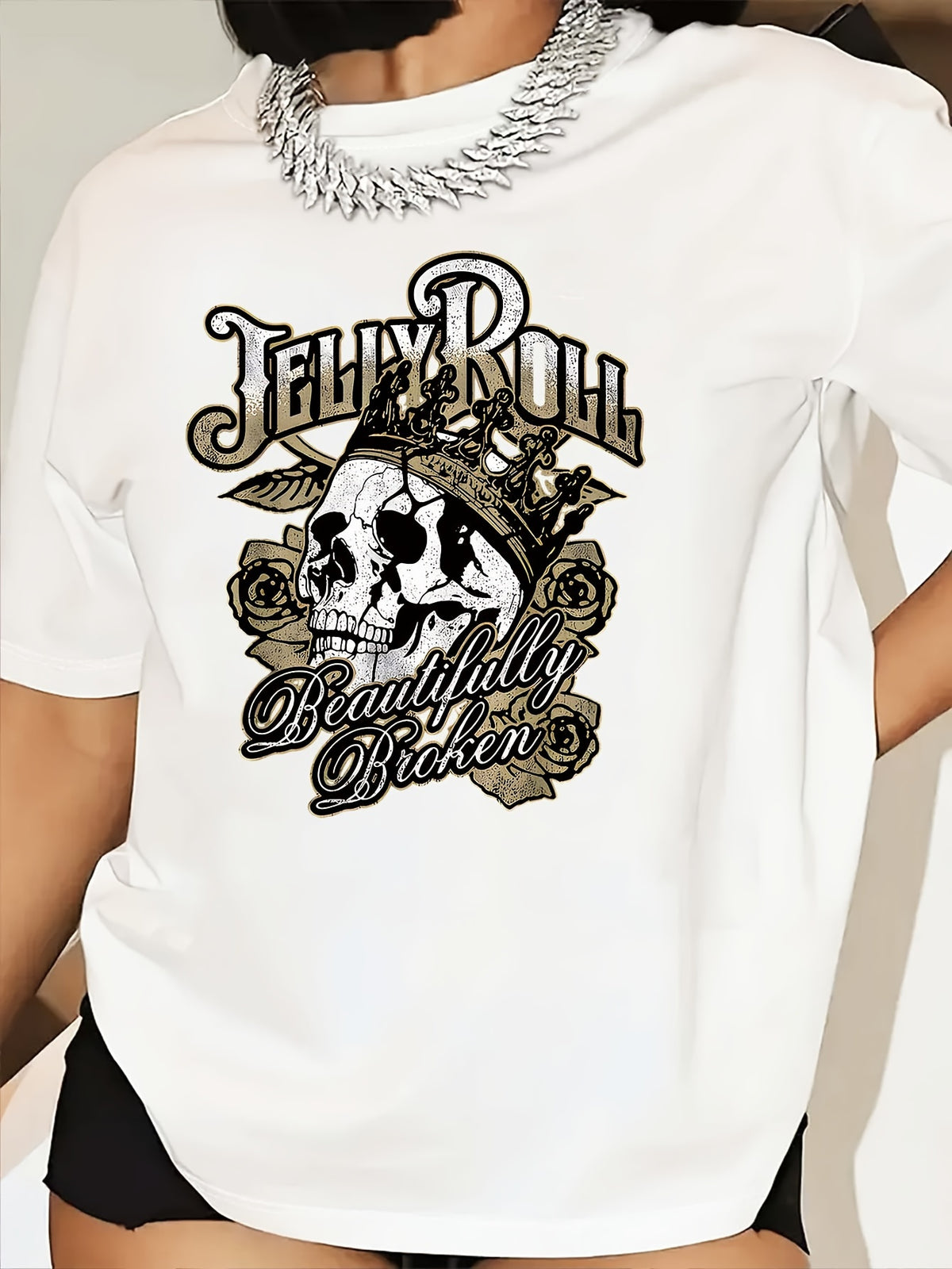 Vintage Skull Print Round Neck T-Shirt for Spring And Summer Retro Casual Short Sleeve Women'S Clothing