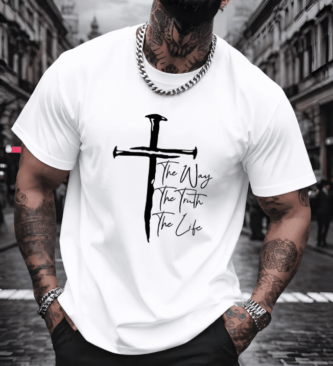 christian t shirt for men, religious graphic tee, cross print tshirt, faith mens shirt, the way the truth the life tee, church casual top, men streetwear cotton tee, christian gift for him