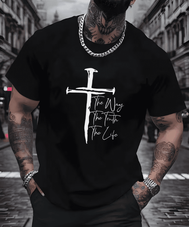 christian t shirt for men, religious graphic tee, cross print tshirt, faith mens shirt, the way the truth the life tee, church casual top, men streetwear cotton tee, christian gift for him