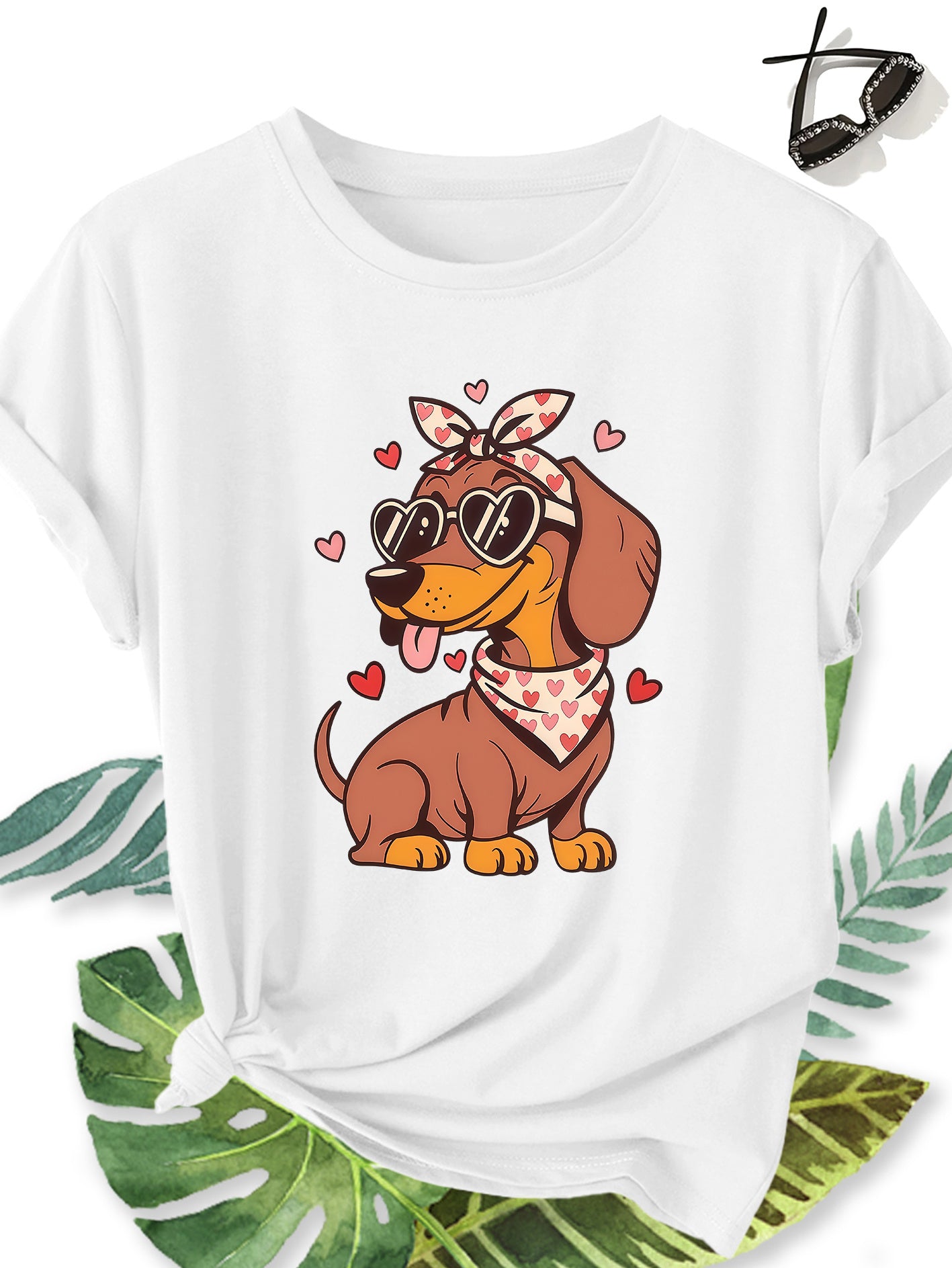 Cute Dachshund Tee Heart Glasses Bandana Dog Graphic Shirt