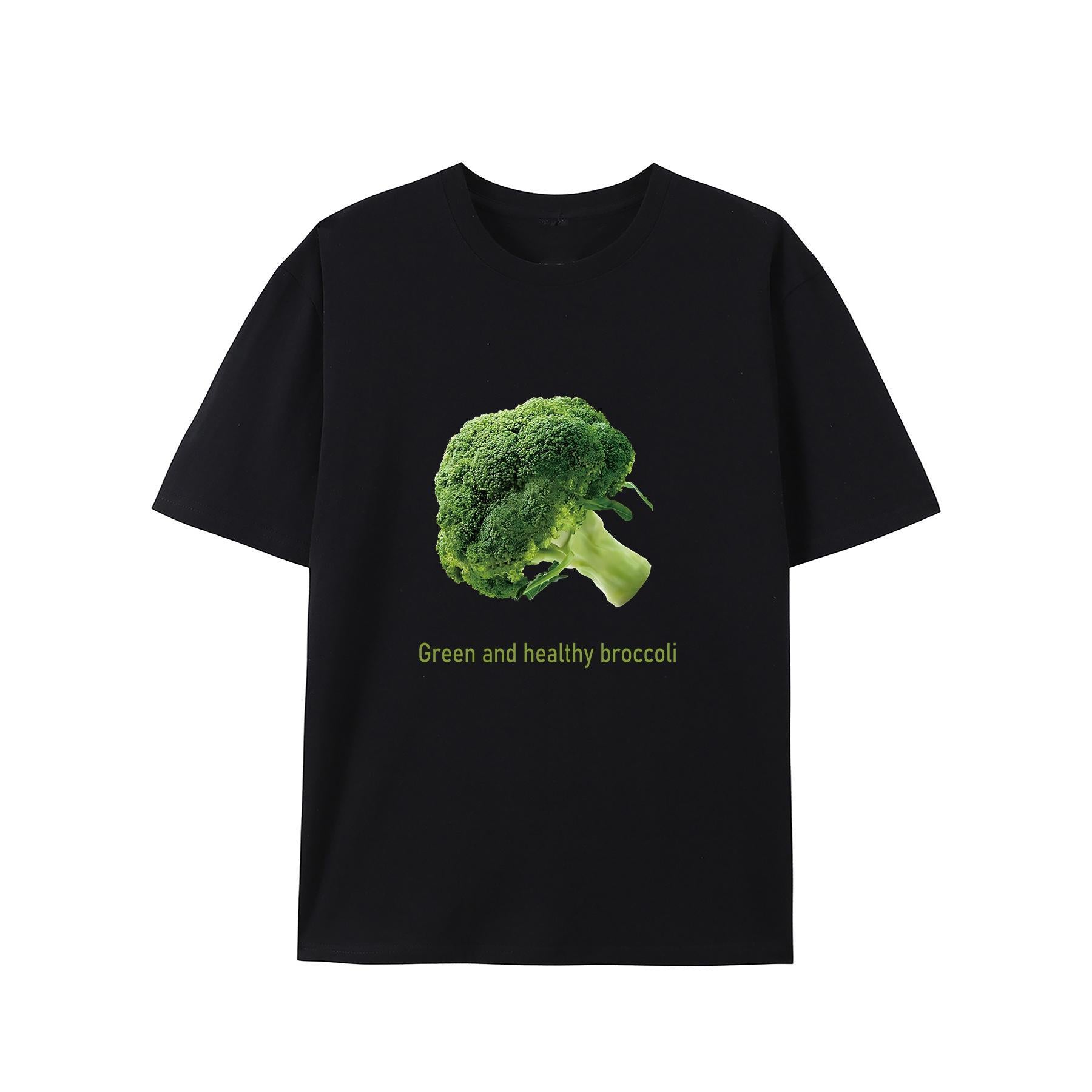 Women's Short-Sleeve Cotton T-Shirt - Green Healthy Broccoli Creative Pattern Crew Neck, Soft Sports Casual Daily Summer Trendy Top, Shortsleeve, Tshirt, Natural, Round Neck, Broccoli Print