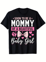 Soon To Be A Mommy Of A Beautiful Baby Girl Cute Bow Pink Hearts Graphic T-Shirt,Cotton Crew Neck Tee, Pregnancy Announcement Maternity Top, Casual Gender Reveal Gift For Expecting Mothers