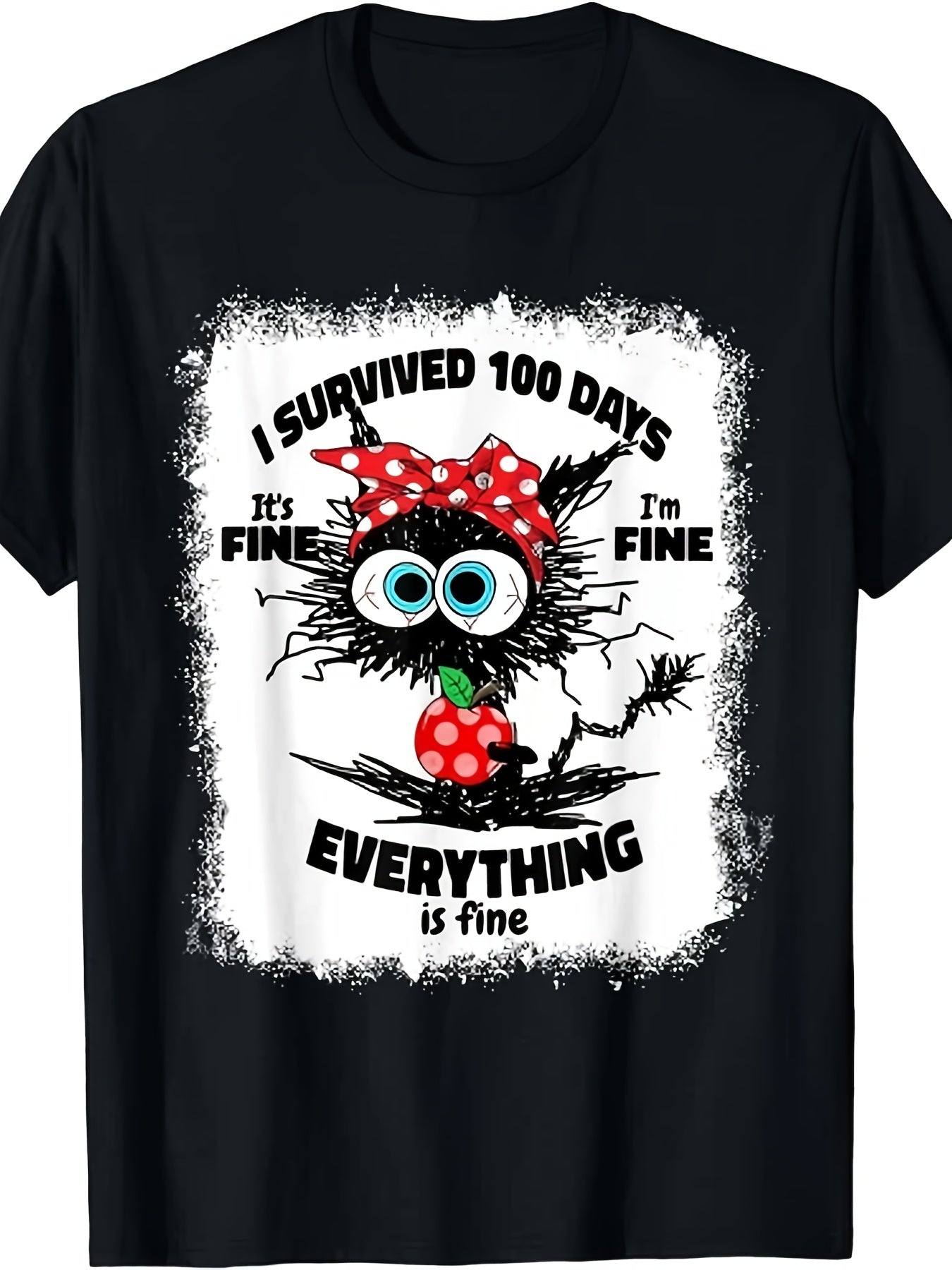 I Survived 100 Days Of School Graphic Tee for Men Women, Its Fine Im Fine Everything Is Fine Short Sleeve T-Shirt, Funny Saying Casual Crew Neck Top for Birthday Back to School Gift