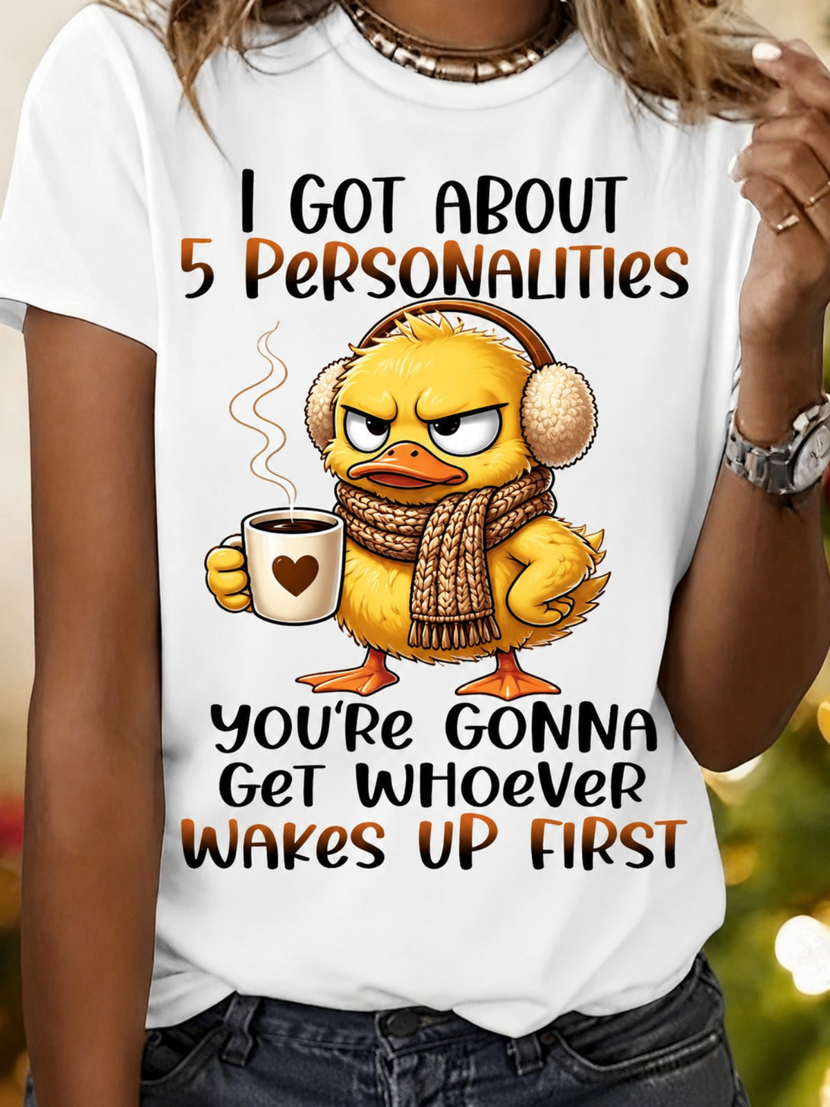 Funny Grumpy Duck Graphic T-Shirt for Women, Cartoon Coffee Lover Crew Neck Short Sleeve Casual Tee, Cute Humor Everyday Top