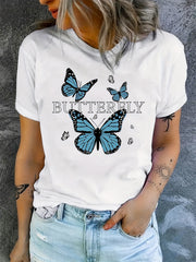 Butterfly Print Graphic Tee for Women, Cute Summer Short Sleeve T-Shirt, Casual Crew Neck Top with Floral Butterfly Design Lightweight Soft for Daily Wear