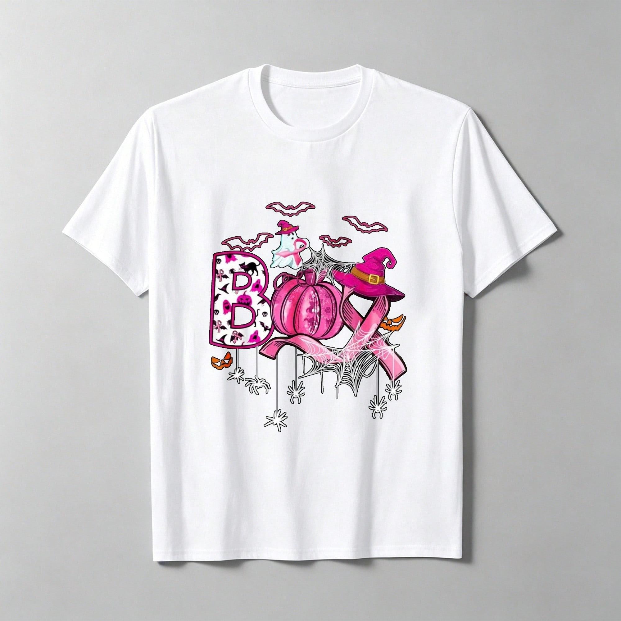 Boo Halloween Pumpkin Pink Ribbon Witch Breast Cancer T-Shirt, Loose Fit Printed T-Shirt, Festive Attire, Suitable For Family Fun.