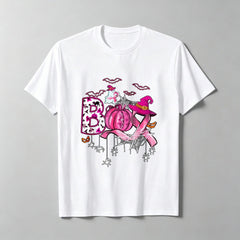 Boo Halloween Pumpkin Pink Ribbon Witch Breast Cancer T-Shirt, Loose Fit Printed T-Shirt, Festive Attire, Suitable For Family Fun.