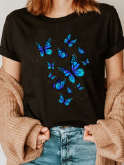 Butterfly Fashion Letter Print T-Shirt, Short Sleeve Crew Neck Casual Top