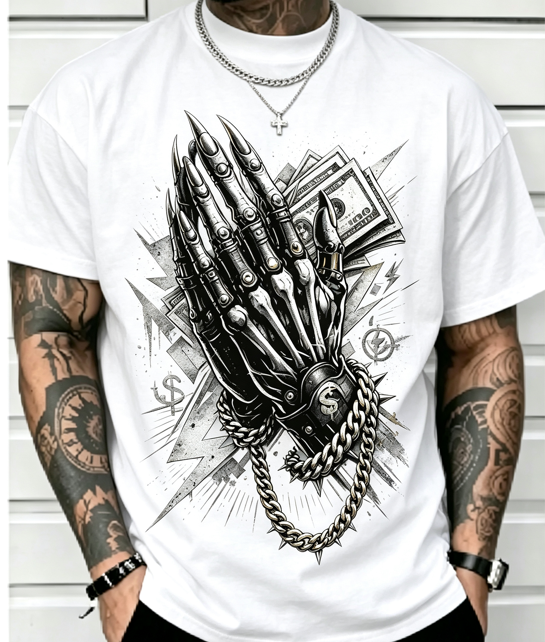 Men's Streetwear Graphic T‑Shirt, Skeleton Mechanical Hand Money Dollar Chain Print, Crew Neck Short Sleeve Casual Hip‑Hop Tee, Urban Fashion Novelty Top S‑5XL