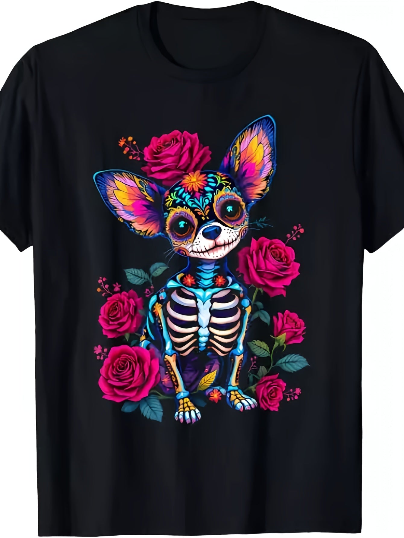 Mexican Sugar Skull Chihuahua Dia De Los Muertos Halloween Graphic Tee for Men Women, Cute Day Of The Dead Dog Short Sleeve T-Shirt, Casual Crew Neck Top for Chihuahua Lover Gift