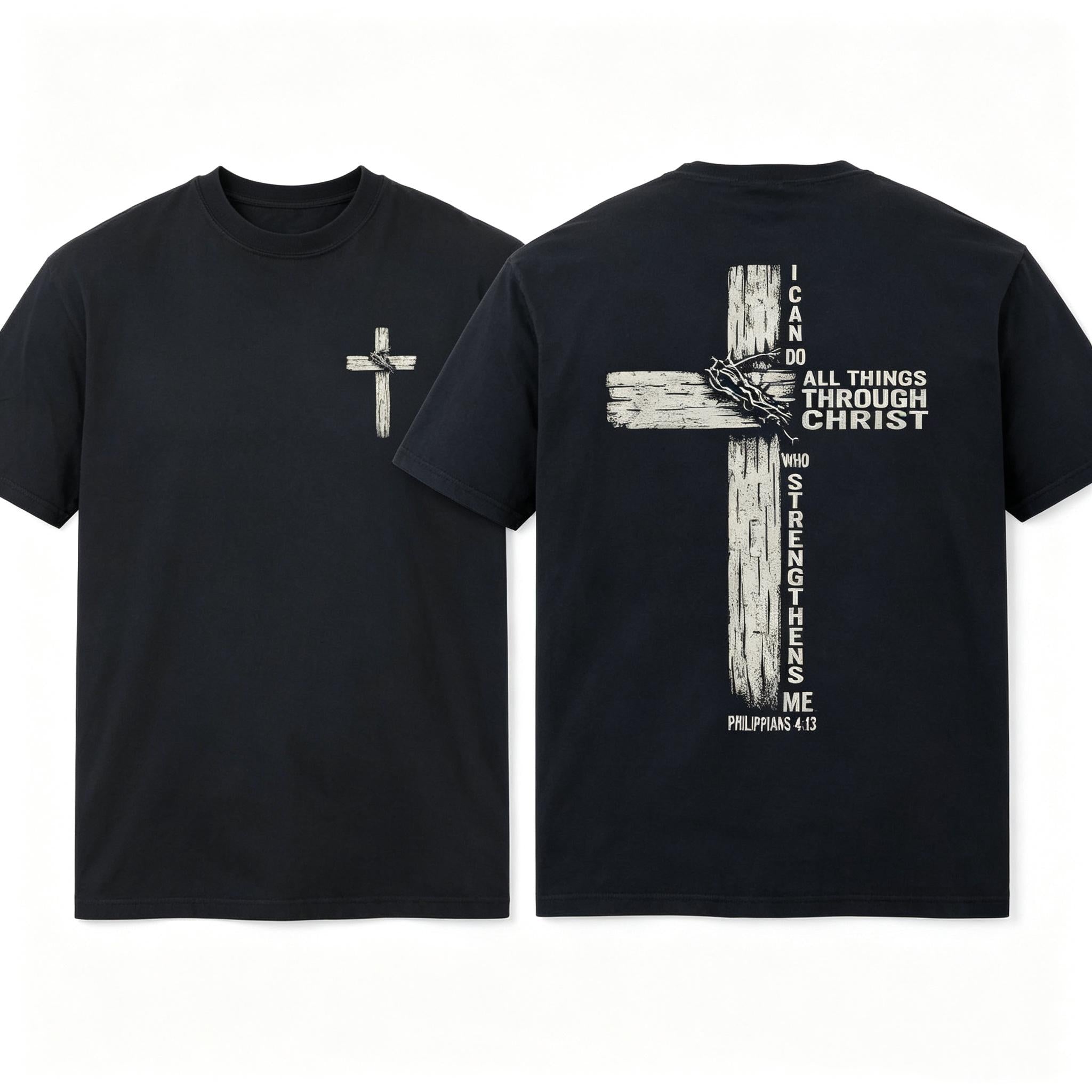 Double Sided Faith Quote Washed T-Shirt – Philippians 4:13 Christian Cross Graphic Tee Apparel Breathable