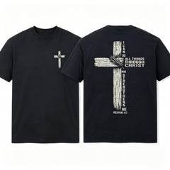 Double Sided Faith Quote Washed T-Shirt – Philippians 4:13 Christian Cross Graphic Tee Apparel Breathable